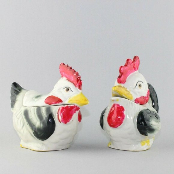 Vintage Rooster Hen Salt  Pepper Cream Sugar Set - Picture 1 of 12